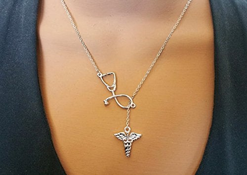 MANZHEN Medicine Stethoscope Caduceus Lariat Necklace for Doctor Nurse (silver) - Image 5