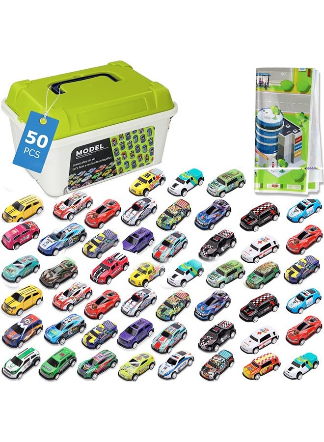50 Pcs Pull Back Toy Cars with Storage Box and Map, Alloy Mini Race Push and Pull Back Cars Planes Vehicles Toys for Kids, Party Favors Suitable for 3+ Years Old Kids Boys Girls Gift - Image 1