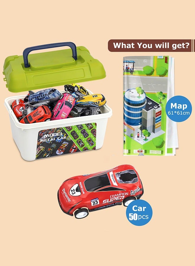 50 Pcs Pull Back Toy Cars with Storage Box and Map, Alloy Mini Race Push and Pull Back Cars Planes Vehicles Toys for Kids, Party Favors Suitable for 3+ Years Old Kids Boys Girls Gift - Image 2