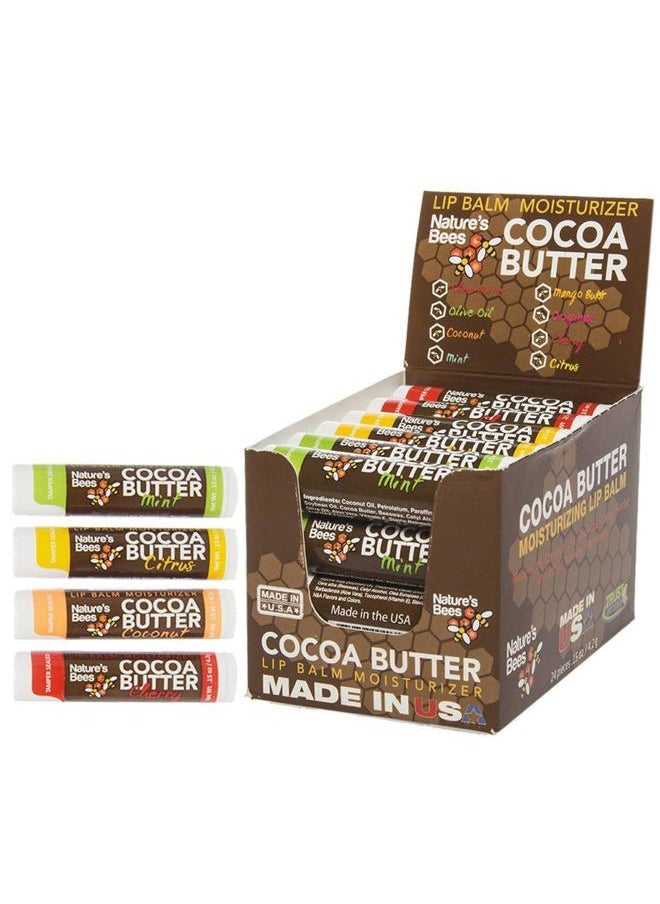 Nature's Bees - Cocoa Butter Lip Balm, Lip Care for Dry Lips, Made with Coconut Oil, Beeswax, Vitamin E, Aloe, and Shea Butter, 0.15 oz Each, 4 Flavors, Citrus, Coconut, Cherry, and Mint, 24 Pack - Image 1