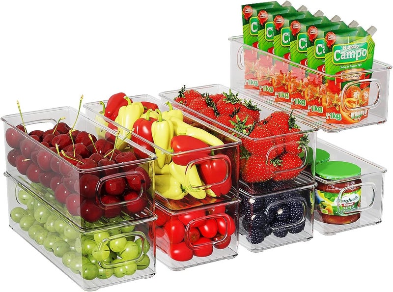 Snazzy Set Of 8 Refrigerator Organizer Bins, Stackable Plastic Fridge Organizers with Handles for Freezer, Kitchen, Cabinet, Pantry Food Storage Rack, BPA Free - Image 1