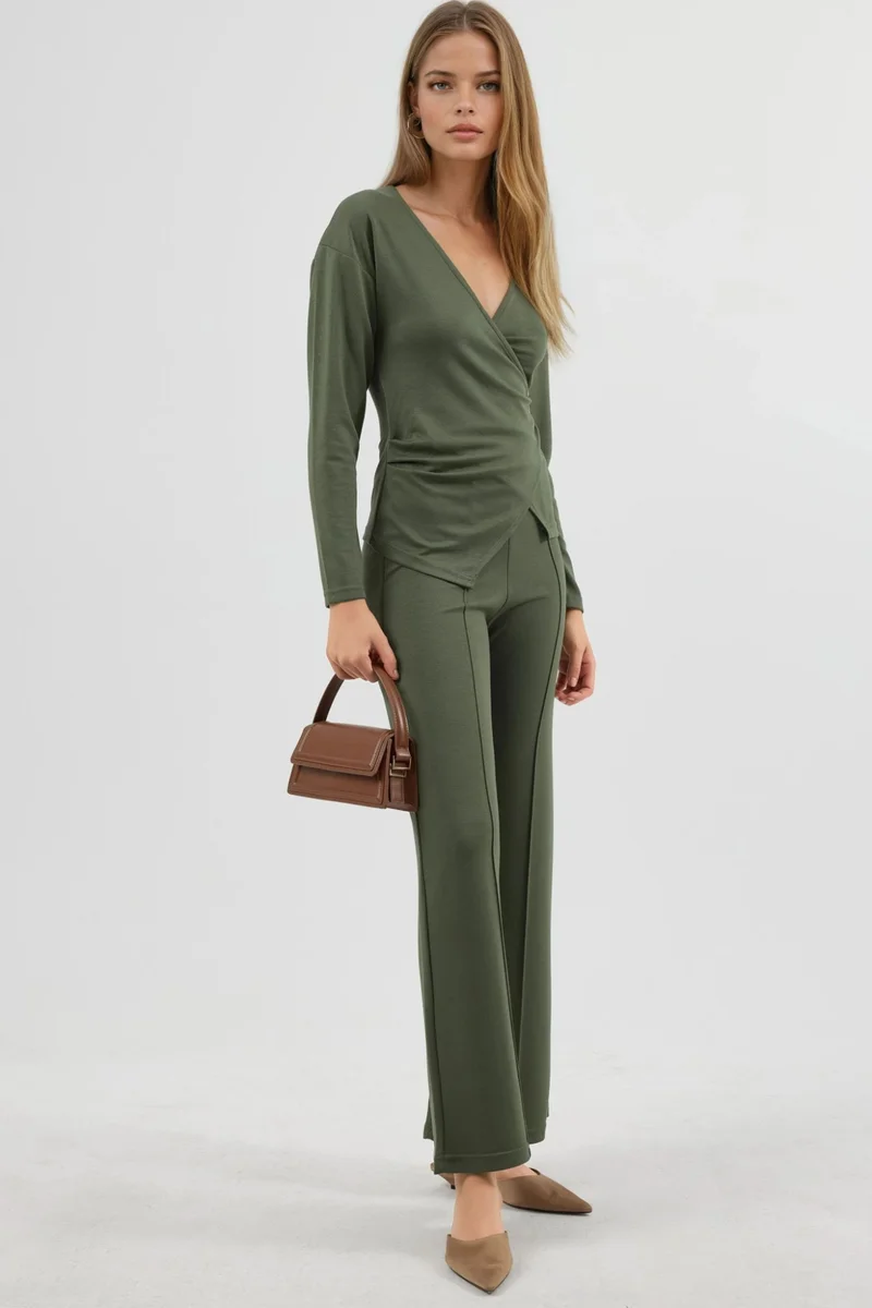 Hiccup Khaki Green Accessory Detail Blouse & Pants Two-Piece Set Bersan Collection for Women | Best Price UAE