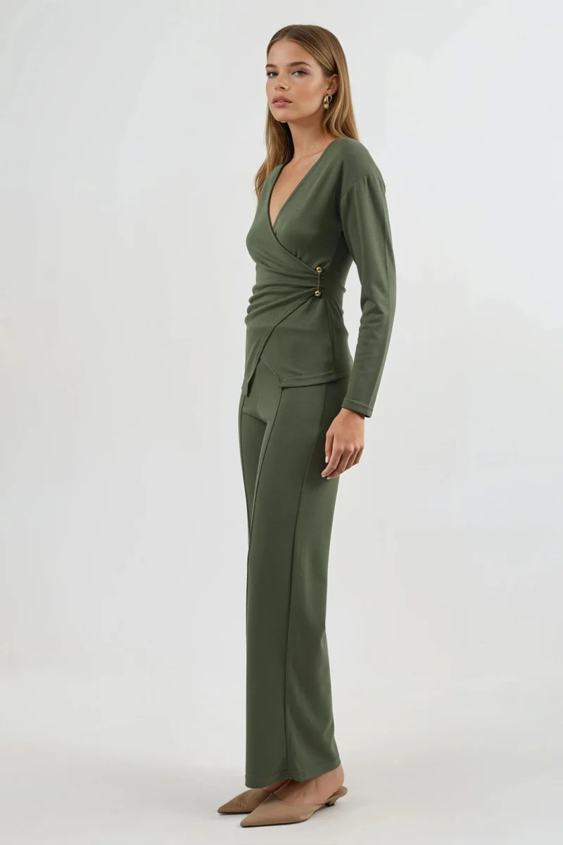 Hiccup Khaki Green Accessory Detail Blouse & Pants Two-Piece Set Bersan Collection for Women | Best Price UAE