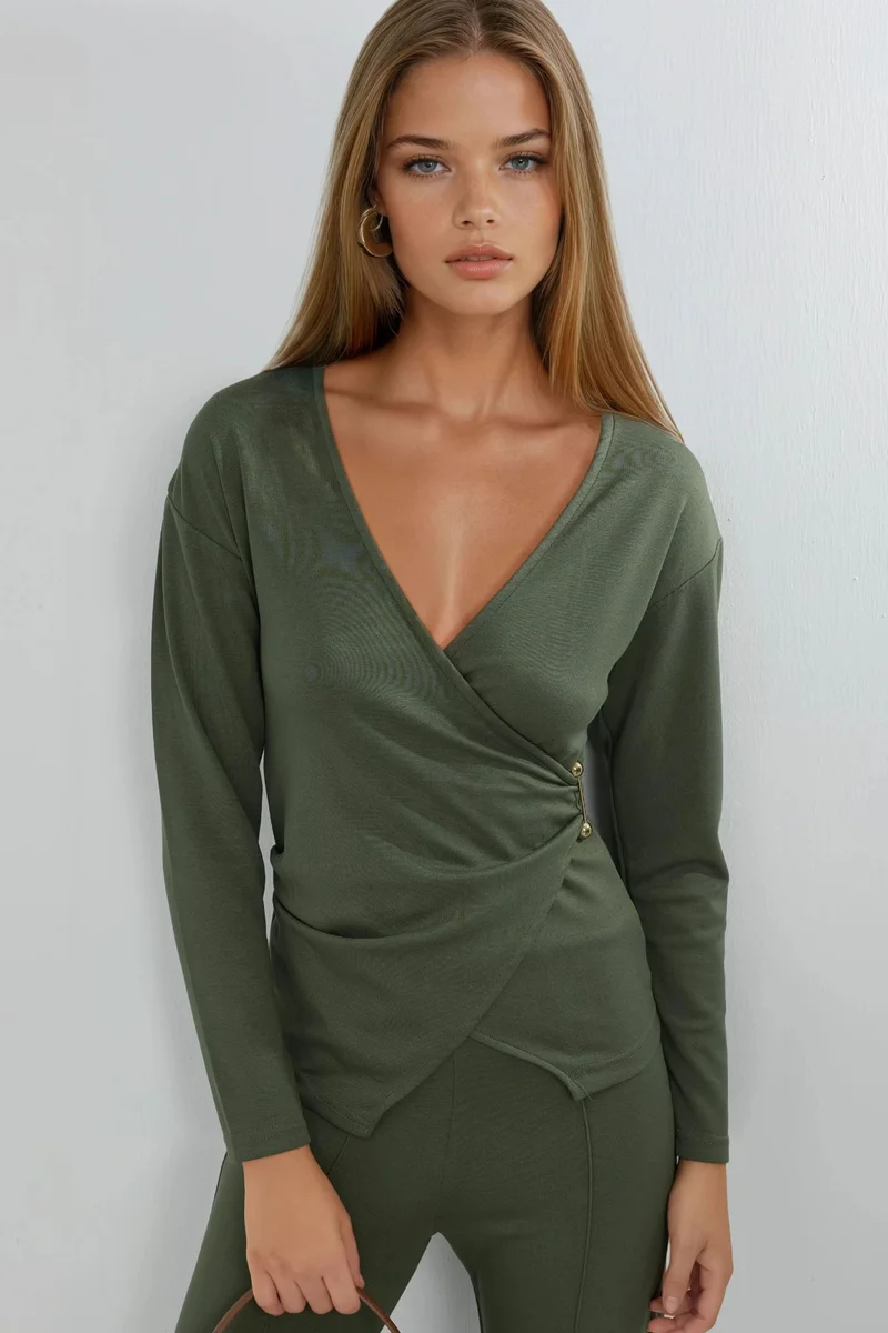 Hiccup Khaki Green Accessory Detail Blouse & Pants Two-Piece Set Bersan Collection for Women | Best Price UAE