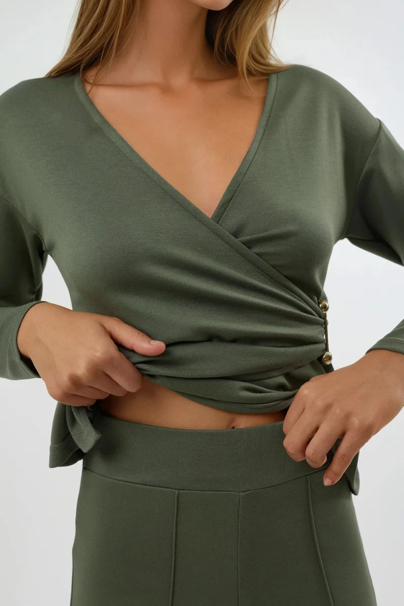 Hiccup Khaki Green Accessory Detail Blouse & Pants Two-Piece Set Bersan Collection for Women | Best Price UAE