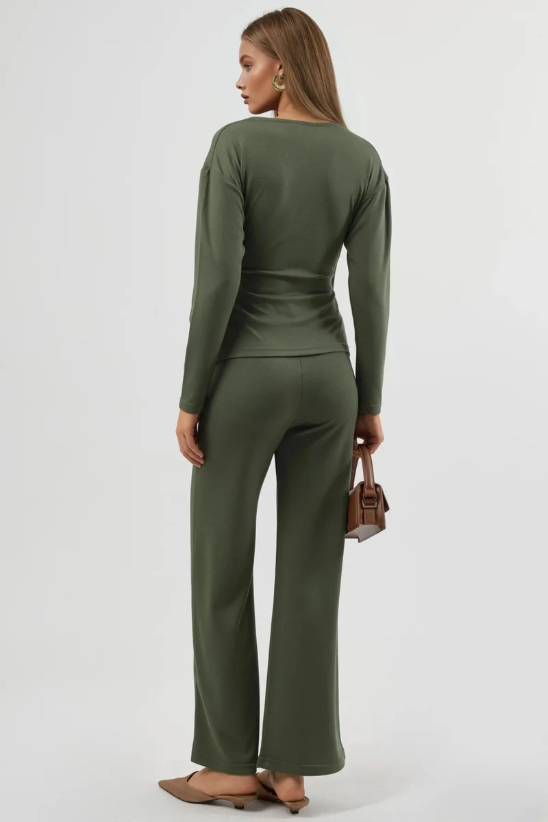 Hiccup Khaki Green Accessory Detail Blouse & Pants Two-Piece Set Bersan Collection for Women | Best Price UAE