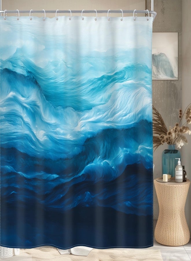 Riyidecor Ocean Beach Shower Curtain Beachy Abstract Blue Sea Wave Coastal Summer Nautical Ombre Navy Modern Nature Cool 72Wx72H Inch Hawaii Fabric Decor Bathroom Polyester Waterproof 12 Pack Hooks - Image 1