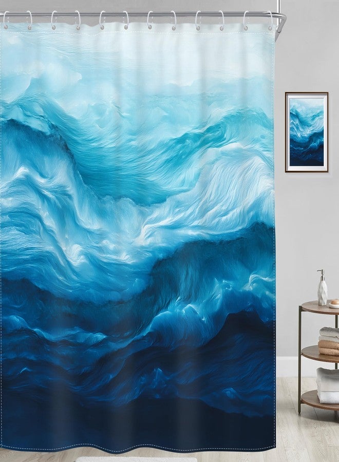 Riyidecor Ocean Beach Shower Curtain Beachy Abstract Blue Sea Wave Coastal Summer Nautical Ombre Navy Modern Nature Cool 72Wx72H Inch Hawaii Fabric Decor Bathroom Polyester Waterproof 12 Pack Hooks - Image 3