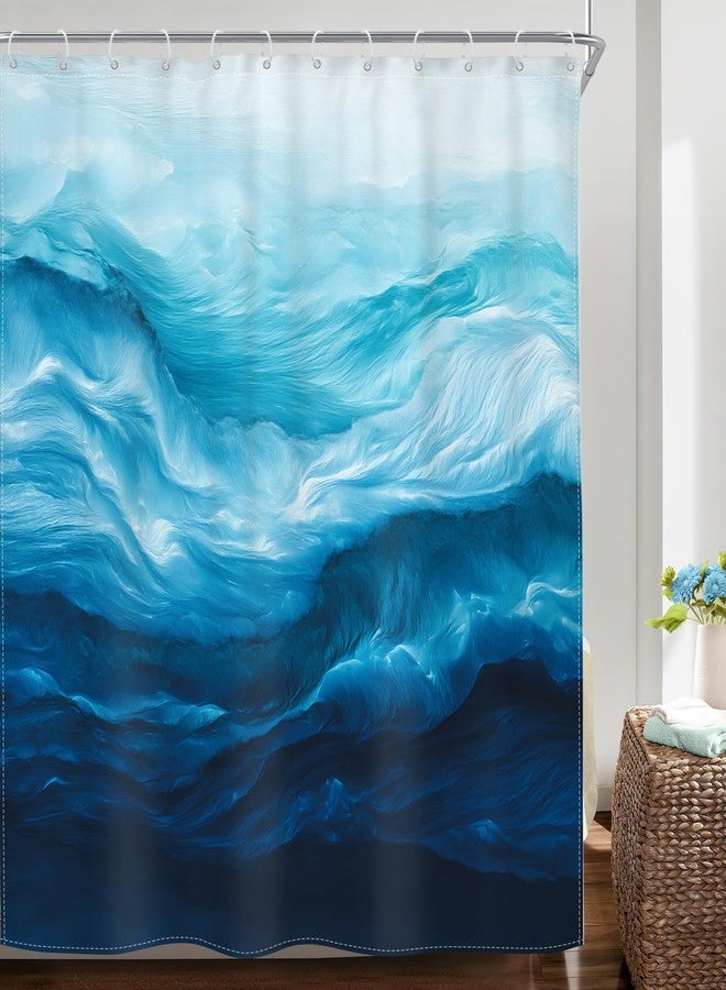 Riyidecor Ocean Beach Shower Curtain Beachy Abstract Blue Sea Wave Coastal Summer Nautical Ombre Navy Modern Nature Cool 72Wx72H Inch Hawaii Fabric Decor Bathroom Polyester Waterproof 12 Pack Hooks - Image 2