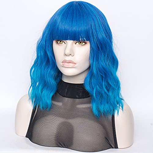 QACCF Dark Blue Wig Short Curly Shoulder Length Women Full Bang Halloween Cosplay Party Ocean Blure Omber Wig (Ocean) - Image 3