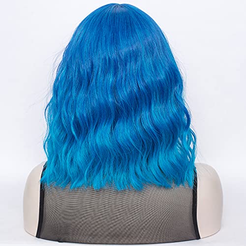 QACCF Dark Blue Wig Short Curly Shoulder Length Women Full Bang Halloween Cosplay Party Ocean Blure Omber Wig (Ocean) - Image 5