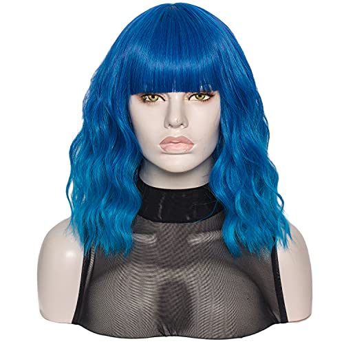 QACCF Dark Blue Wig Short Curly Shoulder Length Women Full Bang Halloween Cosplay Party Ocean Blure Omber Wig (Ocean) - Image 1