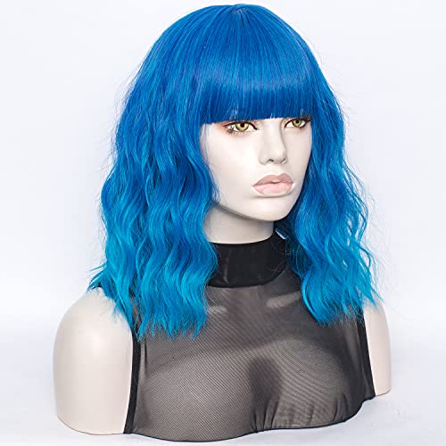 QACCF Dark Blue Wig Short Curly Shoulder Length Women Full Bang Halloween Cosplay Party Ocean Blure Omber Wig (Ocean) - Image 2