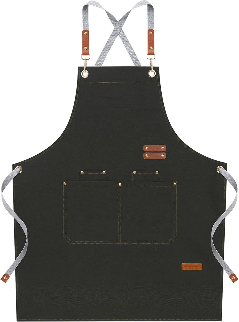 Adjustable Chef Apron for Men and Women with Large Pockets - Waterproof Cotton Canvas, Grey - Image 1