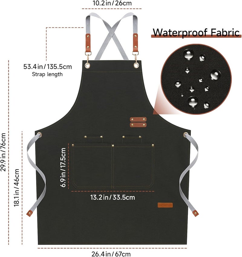Adjustable Chef Apron for Men and Women with Large Pockets - Waterproof Cotton Canvas, Grey - Image 5