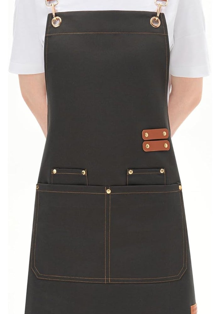 Adjustable Chef Apron for Men and Women with Large Pockets - Waterproof Cotton Canvas, Grey - Image 2