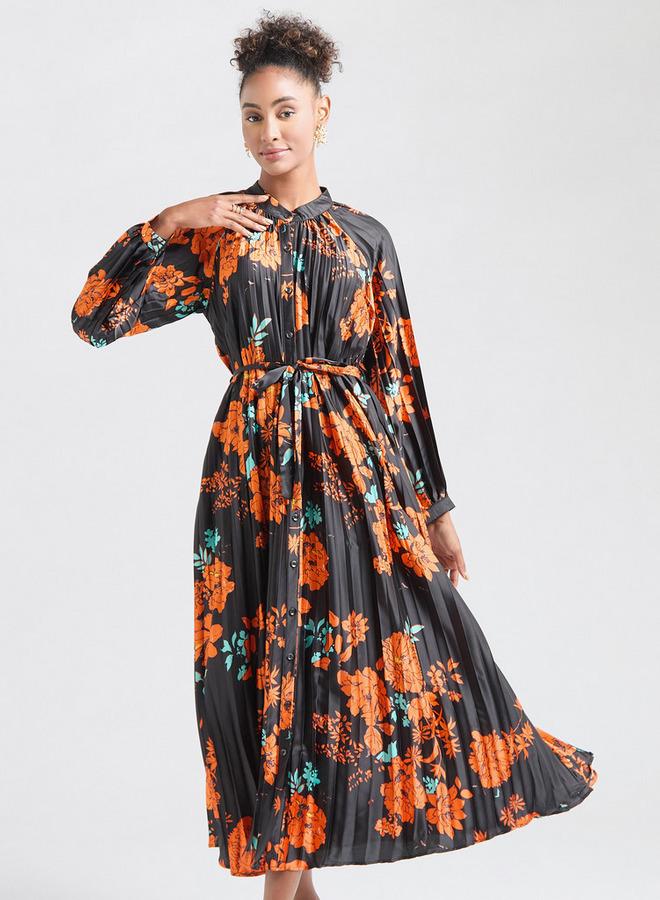 سبلاش فيڤ فستان قميص ميدي بأكمام طويلة وطبعات زهرية - Image 1