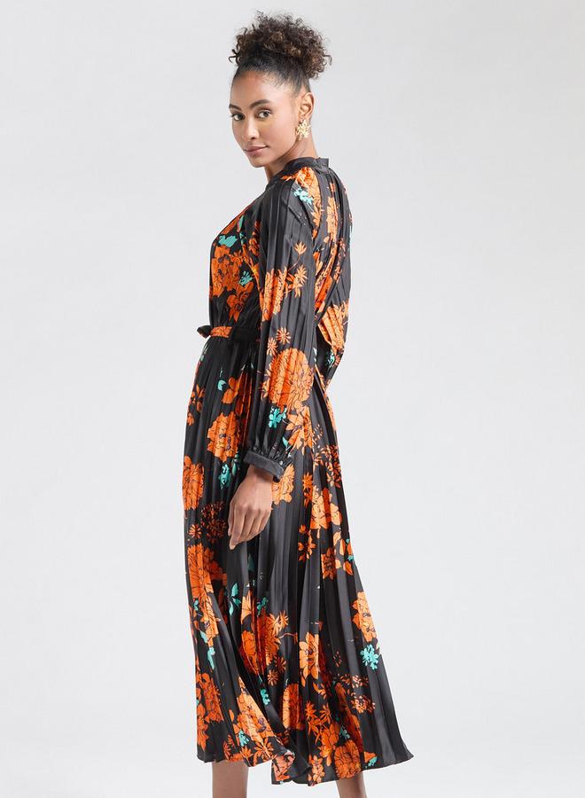 سبلاش فيڤ فستان قميص ميدي بأكمام طويلة وطبعات زهرية - Image 3