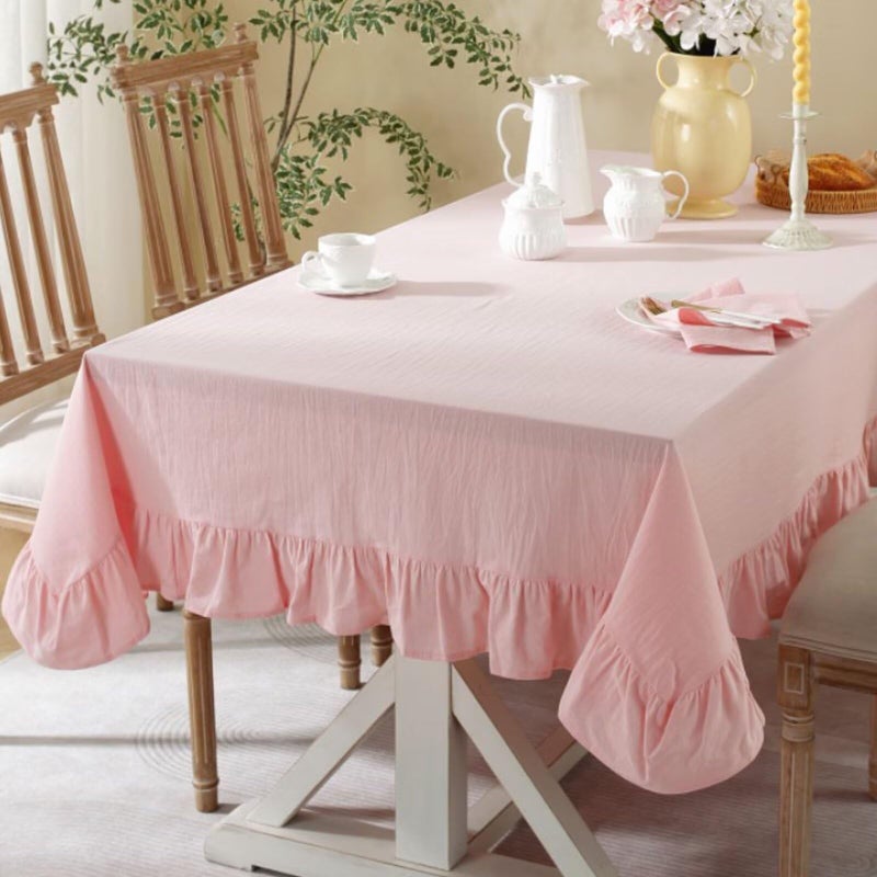 JadeRich Solid Color Ruffled Tablecloth Cotton Rectangular Square Table Cover Decoration for Kitchen Dinning - Image 1