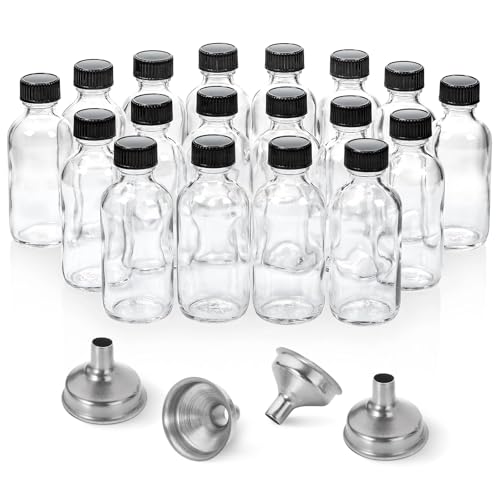 Aozita 18 Pack, 2 oz Small Clear Glass Bottles w/Lid & 4 Stainless Steel Funnels - 60ml Boston Sample Bottles - Mini Travel Essential or Decorative Bottles for Potion, Juice, Wellness, Ginger Shots, Whiskey - Image 2
