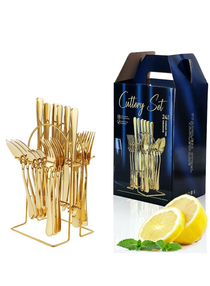 Perfii 24 Piece Gold Silverware Set Service for 4, Premium Stainless Steel Flatware, Mirror Polished Tableware for Home Kitchen, Dishwasher Safe Eating Utensils - Image 1