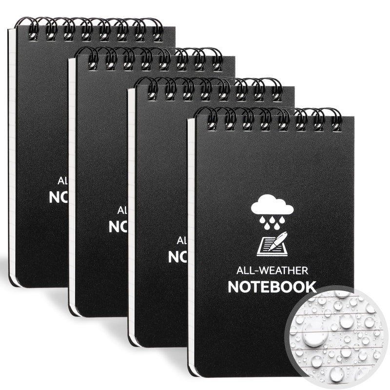 COIDEA Waterproof Notebook, 4 Pack Top-Spiral Pocket Notepad, 3" x 5" Weatherproof NotePad, All Weather Police Pocket Notebook Little Memo Steno Note Pads for Outdoor Office School Recording, Black - Image 1