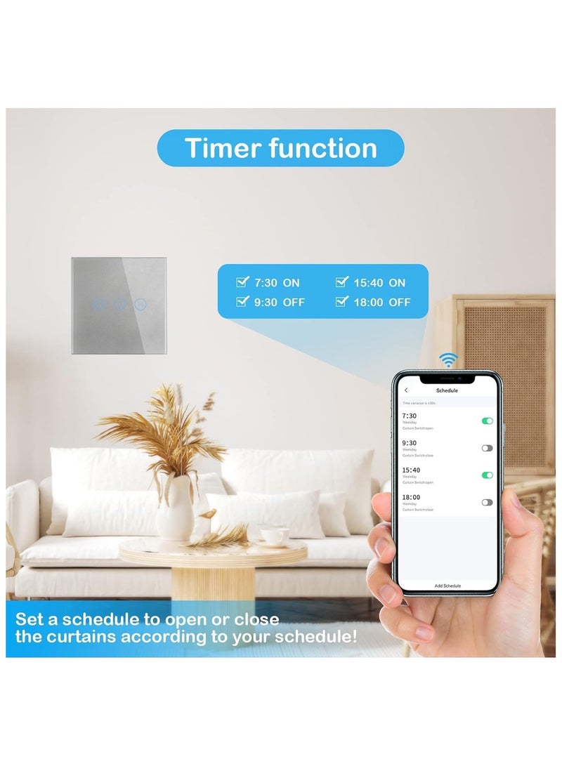 Smart WiFi Curtain Switch with Touch Glass Panel, Neutral Wire Required, Compatible with Alexa and Google Home, Touch & App Remote Control, Timing Function & Voice Control (Grey) - Image 4