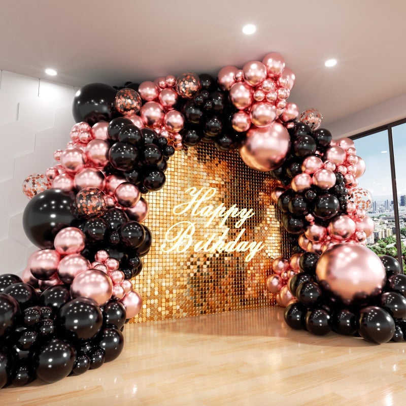 ADOINBY Rose Gold and Black Balloon Arch Kit ADOINBY 140Pcs Metallic Rose Gold Black Balloon 18 12 10 5 Inch Different Size Balloons for Birthday Party Bridal Shower Wedding Engagement Anniversary Decoration - Image 2