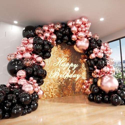 ADOINBY Rose Gold and Black Balloon Arch Kit ADOINBY 140Pcs Metallic Rose Gold Black Balloon 18 12 10 5 Inch Different Size Balloons for Birthday Party Bridal Shower Wedding Engagement Anniversary Decoration - Image 1