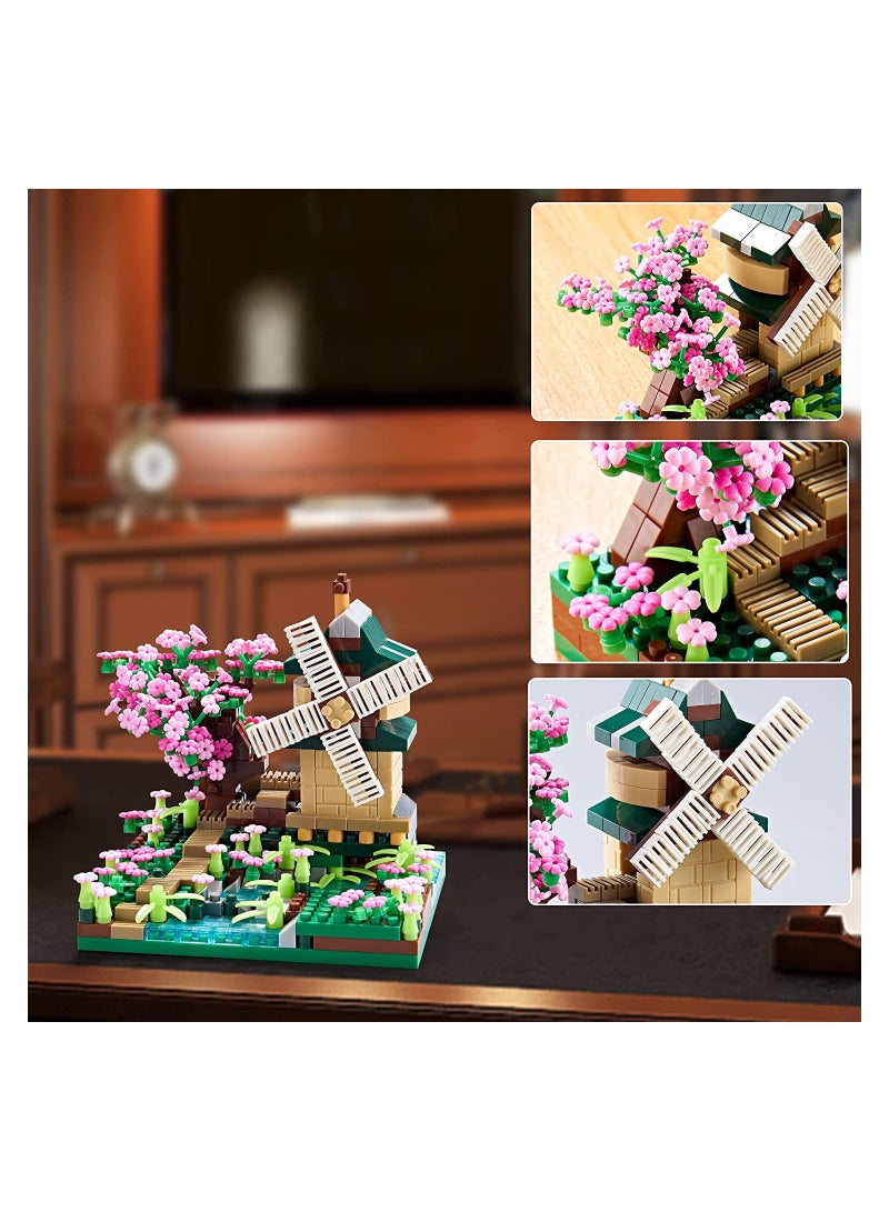 Loquat Architecture River Windmill Sakura Tree Plants Set Building Bricks Toy Trees Flowers for Girls, a Creative DIY Cherry Blossom Micro Block Model Kit Gift for Kids and Adults (600 pcs with 2 Figure) - Image 2