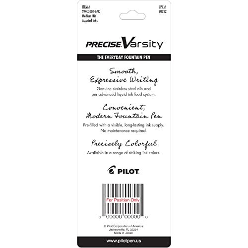 PILOT Precise Varsity Pre-Filled Fountain Pens, Medium Point Stainless Steel Nib, Black/Blue/Purple Inks, 3-Pack (90022) - Image 2