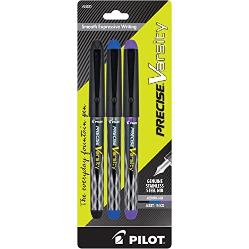 PILOT Precise Varsity Pre-Filled Fountain Pens, Medium Point Stainless Steel Nib, Black/Blue/Purple Inks, 3-Pack (90022) - Image 1