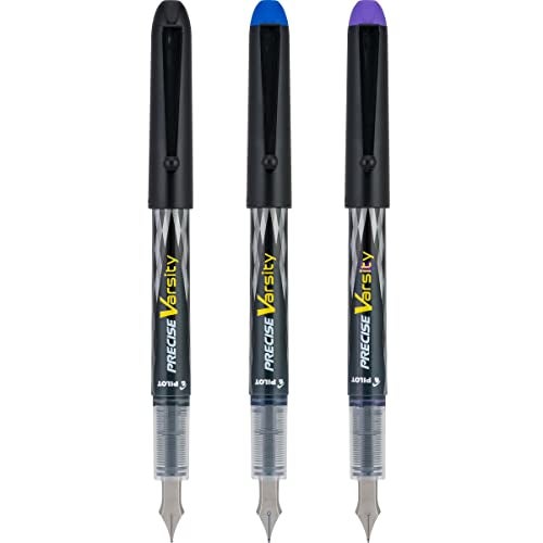 PILOT Precise Varsity Pre-Filled Fountain Pens, Medium Point Stainless Steel Nib, Black/Blue/Purple Inks, 3-Pack (90022) - Image 5