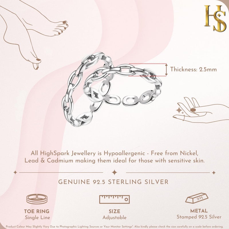 HighSpark 925 Silver Toe Rings for Women | 92.5 Sterling Silver Adjustable Contemporary Style & Stunning Shine | Chain Type Design | Lovely Gift - Image 2