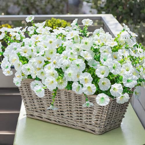 Ivydale Artificial Flowers Fake Plants for Outdoors Decoration, 12 Bundles White Silk Morning Glory with Eucalyptus Realistic UV Resistant Faux Flowers for Outside Planter Porch Yard Patio Garden Home Indoor - Image 2