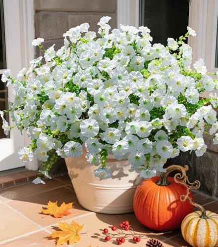 Ivydale Artificial Flowers Fake Plants for Outdoors Decoration, 12 Bundles White Silk Morning Glory with Eucalyptus Realistic UV Resistant Faux Flowers for Outside Planter Porch Yard Patio Garden Home Indoor - Image 1
