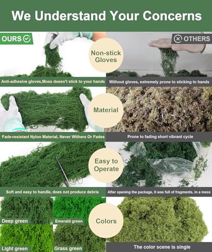 MGLIFEUL 12OZ Artificial Fake Moss for Crafts Plants Indoor with Non-Stick Gloves and Tweezers，Preserved Green Plant Faux Craft Moss Musgo for Fairy Garden Indoor Outdoor Home Decorating Model Making - Image 3