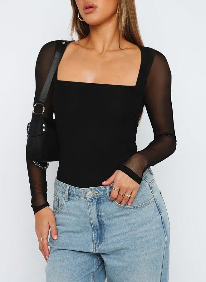AGECODE Women's Square Neck Mesh Long Sleeve Bodysuit Shirts Ruched Body Suit Leotard Tops Black X-Small - Image 2