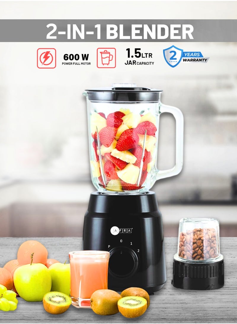 AFRA - 2-in-1 Blender with Grinder | 1.5L Glass Jar | 600W | 2-Speed + Pulse | Ice Crushing Blades | Overheat Protection | AF-600BLBK | Black | 2-Year Warranty - Image 1