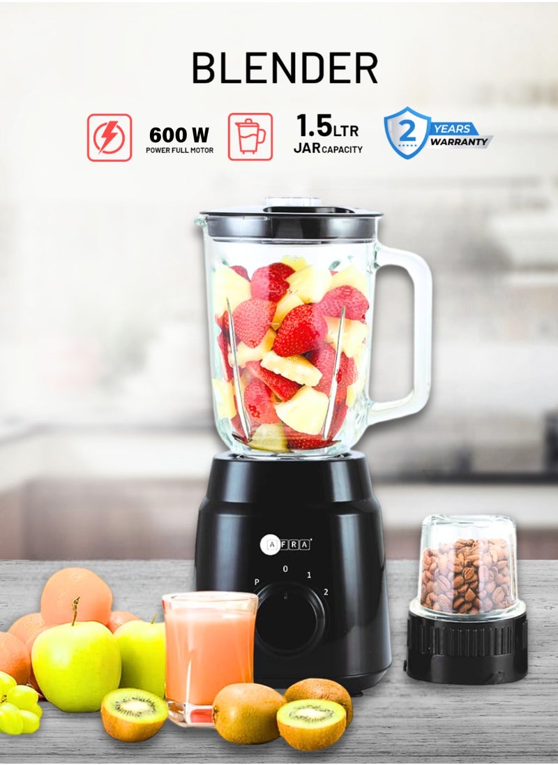 AFRA - 2-in-1 Blender with Grinder | 1.5L Glass Jar | 600W | 2-Speed + Pulse | Ice Crushing Blades | Overheat Protection | AF-600BLBK | Black | 2-Year Warranty - Image 1