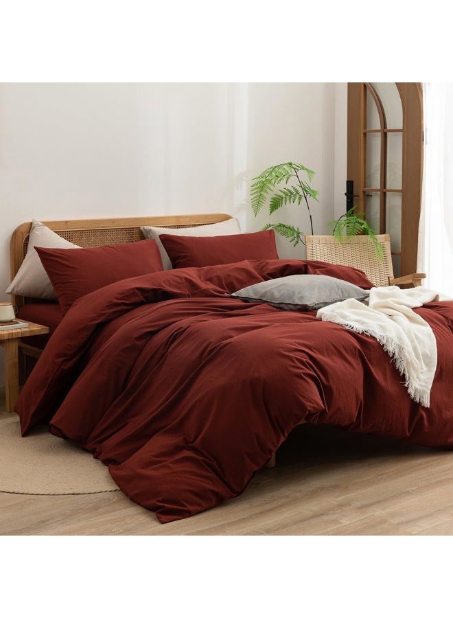 BESTOUCH Duvet Cover Set 100% Washed Cotton Linen Feel Super Soft Comfortable Chic Lightweight 3 PCs Home Bedding Set Solid Fired Brick Red King - Image 4