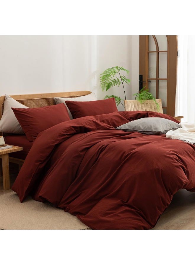 BESTOUCH Duvet Cover Set 100% Washed Cotton Linen Feel Super Soft Comfortable Chic Lightweight 3 PCs Home Bedding Set Solid Fired Brick Red King - Image 5