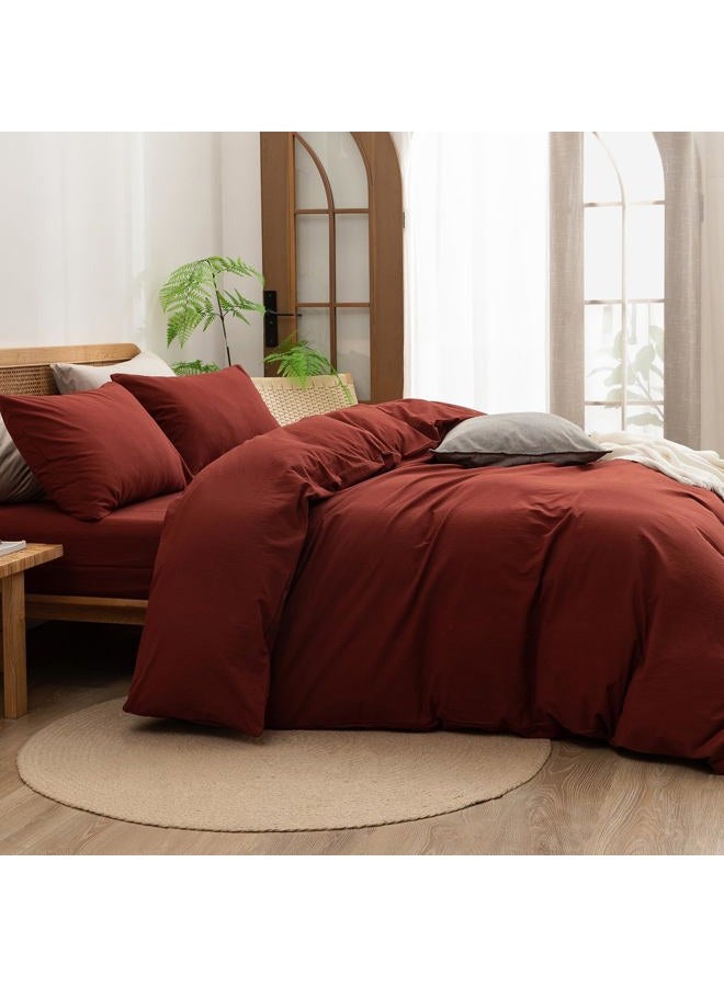 BESTOUCH Duvet Cover Set 100% Washed Cotton Linen Feel Super Soft Comfortable Chic Lightweight 3 PCs Home Bedding Set Solid Fired Brick Red King - Image 3