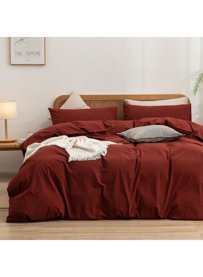 BESTOUCH Duvet Cover Set 100% Washed Cotton Linen Feel Super Soft Comfortable Chic Lightweight 3 PCs Home Bedding Set Solid Fired Brick Red King - Image 1