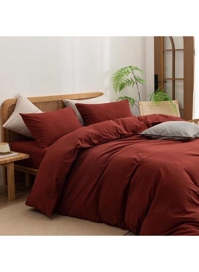 BESTOUCH Duvet Cover Set 100% Washed Cotton Linen Feel Super Soft Comfortable Chic Lightweight 3 PCs Home Bedding Set Solid Fired Brick Red King - Image 2