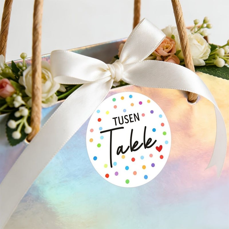 Colorful Polka Dot Heart Tusen Takk Stickers 120 Pcs Norwegian Thank You So Much Stickers Cross Border ECommerce Package Decorative Stickers Gift Card Sealing Stickers Gratitude Themed Stickers - Image 4