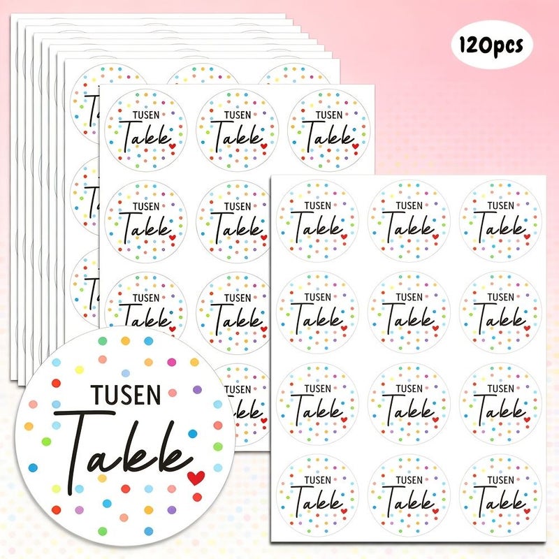 Colorful Polka Dot Heart Tusen Takk Stickers 120 Pcs Norwegian Thank You So Much Stickers Cross Border ECommerce Package Decorative Stickers Gift Card Sealing Stickers Gratitude Themed Stickers - Image 1
