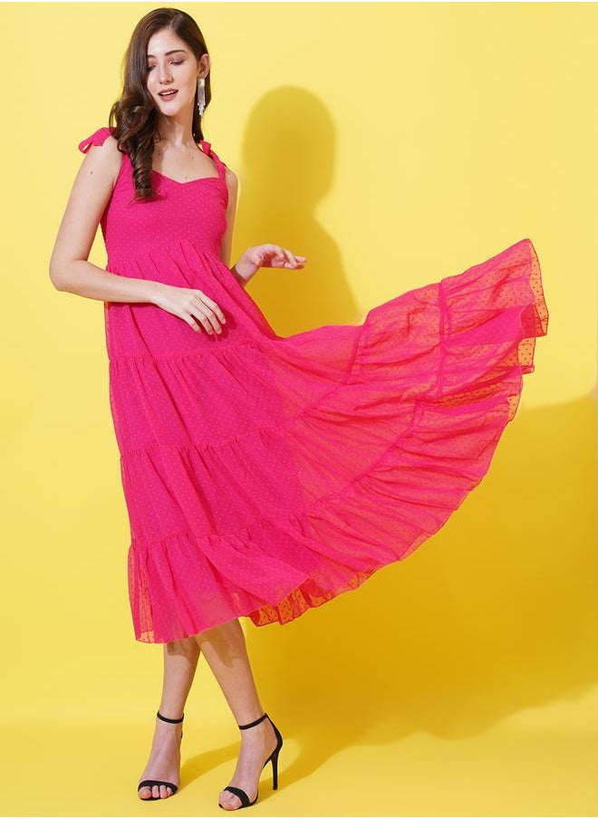 U&F - Dobby Sweetheart Neck Tiered Midi Dress by Styli - Image 1
