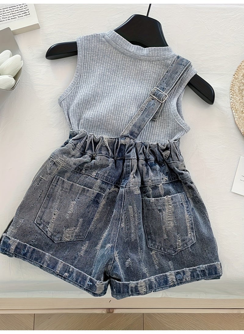Ayada Home ayada_homeGirls 2-Piece Outfit, Ribbed Sleeveless Tank Top + Denim Short Overalls Set - Image 1