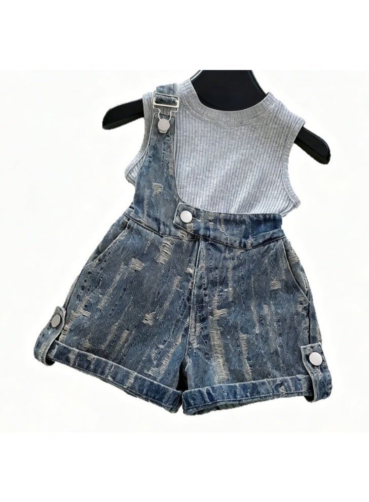 Ayada Home ayada_homeGirls 2-Piece Outfit, Ribbed Sleeveless Tank Top + Denim Short Overalls Set - Image 3